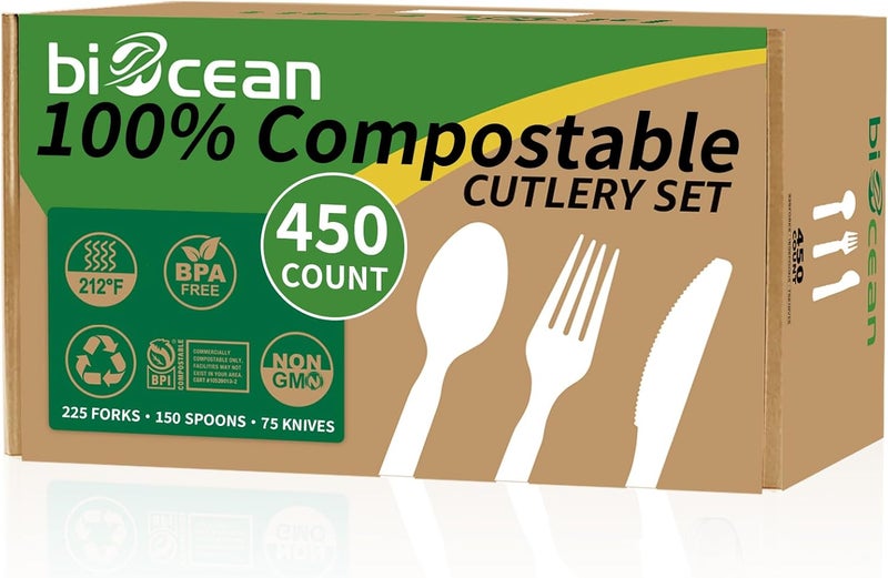biocean 450 Counts Compostable Forks Spoons Knives Set Disposable Forks Utensils Heavy Duty Knives Silverware Eco Friendly Flatware for Party Camping Picnics White forks spoons and knives set - Image 1